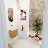 JOYA 40cm toiletmeubel kleur Oak. Wastafel FAYE positie Midden Zonder kraangat kleur Talc.