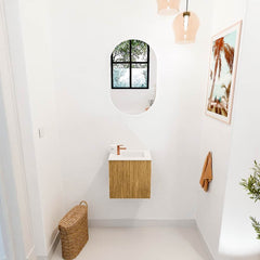 JOYA 40cm toiletmeubel kleur Oak. Wastafel FAYE positie Rechts 1 kraangat kleur Talc.