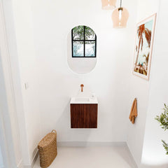 JOYA 40cm toiletmeubel kleur Ruby. Wastafel FAYE positie Links Zonder kraangat kleur Talc