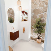 JOYA 40cm toiletmeubel kleur Ruby. Wastafel FAYE positie Links Zonder kraangat kleur Talc