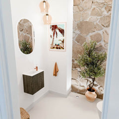 JOYA 40cm toiletmeubel kleur Shadow. Wastafel FAYE positie Links 1 kraangat kleur Talc