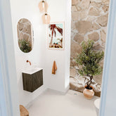 JOYA 40cm toiletmeubel kleur Shadow. Wastafel FAYE positie Links Zonder kraangat kleur Talc