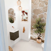 JOYA 40cm toiletmeubel kleur Shadow. Wastafel FAYE positie Midden Zonder kraangat kleur Talc