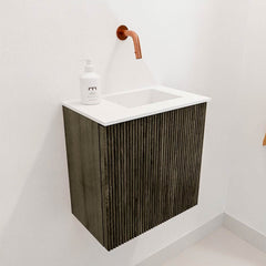 JOYA 40cm toiletmeubel kleur Shadow. Wastafel FAYE positie Rechts Zonder kraangat kleur Talc.