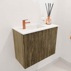 JOYA 50cm toiletmeubel kleur Dusk. Wastafel FAYE positie Links 1 kraangat kleur Talc.