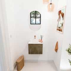 JOYA 50cm toiletmeubel kleur Dusk. Wastafel FAYE positie Links Zonder kraangat kleur Talc.