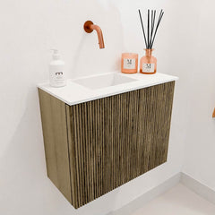 JOYA 50cm toiletmeubel kleur Dusk. Wastafel FAYE positie Links Zonder kraangat kleur Talc.