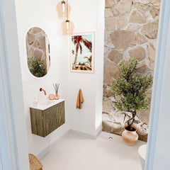 JOYA 50cm toiletmeubel kleur Dusk. Wastafel FAYE positie Links Zonder kraangat kleur Talc.