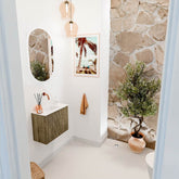 JOYA 50cm toiletmeubel kleur Dusk. Wastafel FAYE positie Midden Zonder kraangat kleur Talc