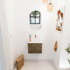 JOYA 50cm toiletmeubel kleur Dusk. Wastafel FAYE positie Rechts Zonder kraangat kleur Talc.