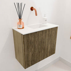 JOYA 50cm toiletmeubel kleur Dusk. Wastafel FAYE positie Rechts Zonder kraangat kleur Talc.