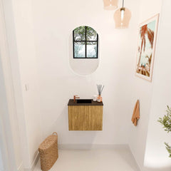 JOYA 50cm toiletmeubel kleur Oak. Wastafel FAYE positie Links 1 kraangat kleur Urban.