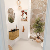 JOYA 50cm toiletmeubel kleur Oak. Wastafel FAYE positie Links 1 kraangat kleur Urban.