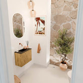 JOYA 50cm toiletmeubel kleur Oak. Wastafel FAYE positie Links Zonder kraangat kleur Urban.