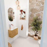 JOYA 50cm toiletmeubel kleur Oak. Wastafel FAYE positie Rechts Zonder kraangat kleur Talc.