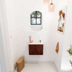 JOYA 50cm toiletmeubel kleur Ruby. Wastafel FAYE positie Rechts 1 kraangat kleur Talc.