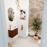 JOYA 50cm toiletmeubel kleur Ruby. Wastafel FAYE positie Rechts 1 kraangat kleur Talc.