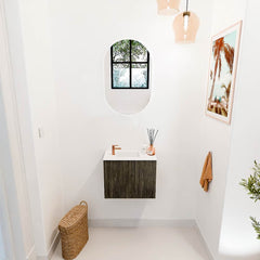 JOYA 50cm toiletmeubel kleur Shadow. Wastafel FAYE positie Links 1 kraangat kleur Talc.