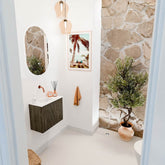 JOYA 50cm toiletmeubel kleur Shadow. Wastafel FAYE positie Links Zonder kraangat kleur Talc.