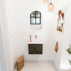 JOYA 50cm toiletmeubel kleur Shadow. Wastafel FAYE positie Rechts Zonder kraangat kleur Talc.