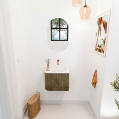 JOYA 51,6cm toiletmeubel ronding links kleur Dusk. Wastafel FAYE positie Rechts Zonder kraangat kleur Talc.