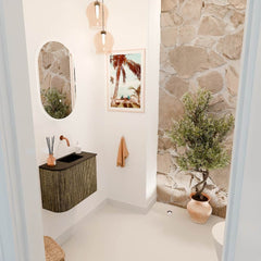 JOYA 51,6cm toiletmeubel ronding links kleur Dusk. Wastafel FAYE positie Rechts Zonder kraangat kleur Urban.