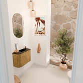 JOYA 51,6cm toiletmeubel ronding links kleur Oak. Wastafel FAYE positie Rechts 1 kraangat kleur Urban.