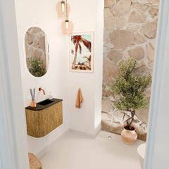 JOYA 51,6cm toiletmeubel ronding links kleur Oak. Wastafel FAYE positie Rechts Zonder kraangat kleur Urban.