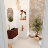 JOYA 51,6cm toiletmeubel ronding links kleur Ruby. Wastafel FAYE positie Rechts 1 kraangat kleur Urban.