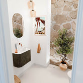 JOYA 51,6cm toiletmeubel ronding links kleur Shadow. Wastafel FAYE positie Rechts Zonder kraangat kleur Talc.