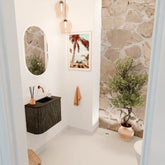 JOYA 51,6cm toiletmeubel ronding links kleur Shadow. Wastafel FAYE positie Rechts Zonder kraangat kleur Urban.