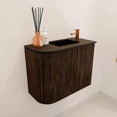 JOYA 51,6cm toiletmeubel ronding links kleur Walnut. Wastafel FAYE positie Rechts 1 kraangat kleur Urban.