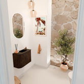 JOYA 51,6cm toiletmeubel ronding links kleur Walnut. Wastafel FAYE positie Rechts 1 kraangat kleur Urban.