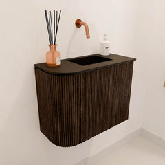 JOYA 51,6cm toiletmeubel ronding links kleur Walnut. Wastafel FAYE positie Rechts Zonder kraangat kleur Urban.