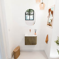 JOYA 51,6cm toiletmeubel ronding rechts kleur Dusk. Wastafel FAYE positie Links Zonder kraangat kleur Talc.