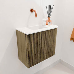 JOYA 51,6cm toiletmeubel ronding rechts kleur Dusk. Wastafel FAYE positie Links Zonder kraangat kleur Talc.