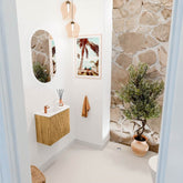 JOYA 51,6cm toiletmeubel ronding rechts kleur Oak. Wastafel FAYE positie Links 1 kraangat kleur Talc.