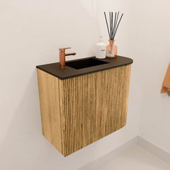 JOYA 51,6cm toiletmeubel ronding rechts kleur Oak. Wastafel FAYE positie Links 1 kraangat kleur Urban.