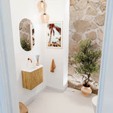 JOYA 51,6cm toiletmeubel ronding rechts kleur Oak. Wastafel FAYE positie Links Zonder kraangat kleur Talc.