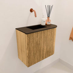JOYA 51,6cm toiletmeubel ronding rechts kleur Oak. Wastafel FAYE positie Links Zonder kraangat kleur Urban.