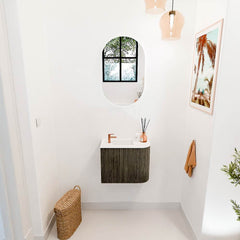 JOYA 51,6cm toiletmeubel ronding rechts kleur Shadow. Wastafel FAYE positie Links 1 kraangat kleur Talc.