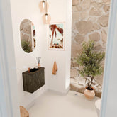 JOYA 51,6cm toiletmeubel ronding rechts kleur Shadow. Wastafel FAYE positie Links 1 kraangat kleur Urban.