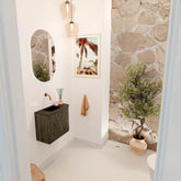 JOYA 51,6cm toiletmeubel ronding rechts kleur Shadow. Wastafel FAYE positie Links Zonder kraangat kleur Urban.