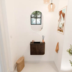 JOYA 51,6cm toiletmeubel ronding rechts kleur Walnut. Wastafel FAYE positie Links 1 kraangat kleur Urban.