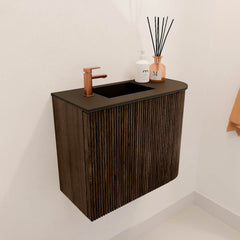 JOYA 51,6cm toiletmeubel ronding rechts kleur Walnut. Wastafel FAYE positie Links 1 kraangat kleur Urban.