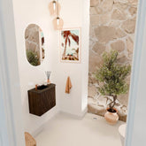 JOYA 51,6cm toiletmeubel ronding rechts kleur Walnut. Wastafel FAYE positie Links 1 kraangat kleur Urban.