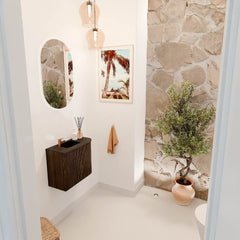 JOYA 51,6cm toiletmeubel ronding rechts kleur Walnut. Wastafel FAYE positie Links 1 kraangat kleur Urban.