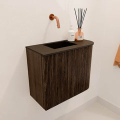 JOYA 51,6cm toiletmeubel ronding rechts kleur Walnut. Wastafel FAYE positie Links Zonder kraangat kleur Urban.