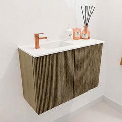 JOYA 60cm toiletmeubel kleur Dusk. Wastafel FAYE positie Links 1 kraangat kleur Talc.