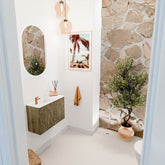 JOYA 60cm toiletmeubel kleur Dusk. Wastafel FAYE positie Links 1 kraangat kleur Talc.